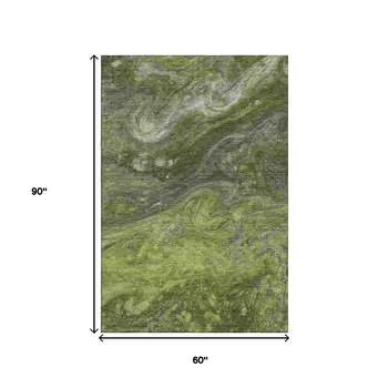 5' X 8' Green Gray And Ivory Abstract Washable Area Rug With UV Protection