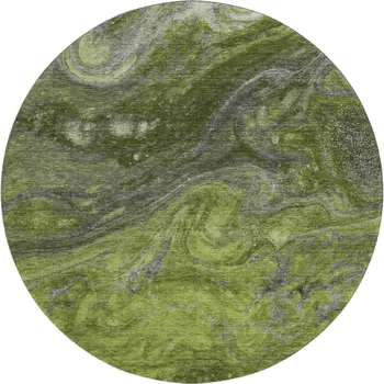 8' Green Gray And Ivory Abstract Washable Round Rug With UV Protection