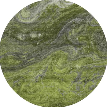 8' Green Gray And Ivory Abstract Washable Round Rug With UV Protection