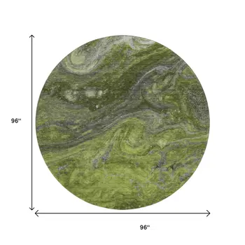 8' Green Gray And Ivory Abstract Washable Round Rug With UV Protection