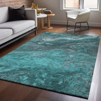 5' X 8' Teal Gray And Ivory Abstract Washable Area Rug With UV Protection