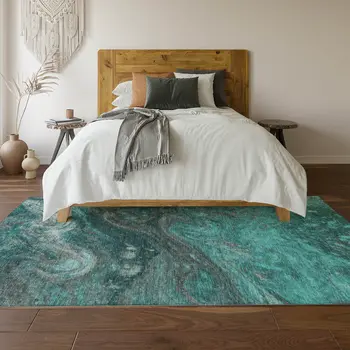 5' X 8' Teal Gray And Ivory Abstract Washable Area Rug With UV Protection