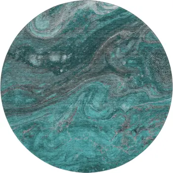 8' Teal Gray And Ivory Abstract Washable Round Rug With UV Protection