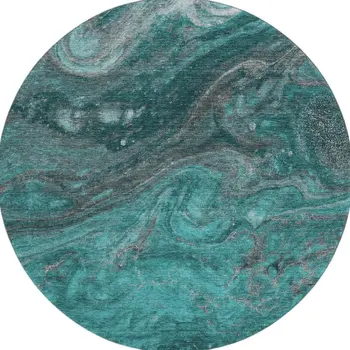 8' Teal Gray And Ivory Abstract Washable Round Rug With UV Protection