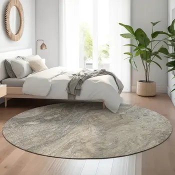 8' Taupe Gray And Ivory Abstract Washable Round Rug With UV Protection