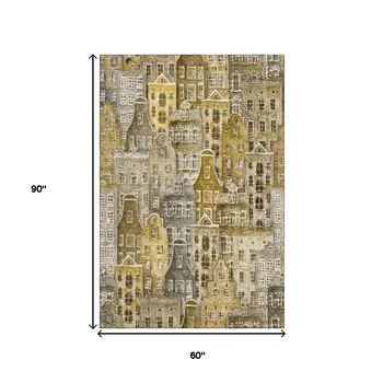 5' X 8' Brown Gray And Ivory Abstract Geometric Washable Area Rug With UV Protection