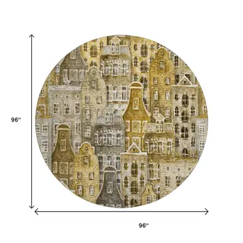 8' Brown Gray And Ivory Abstract Geometric Washable Round Rug With UV Protection