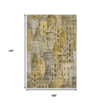 9' X 12' Brown Gray And Ivory Abstract Geometric Washable Area Rug With UV Protection