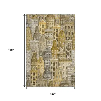 10' X 14' Brown Gray And Ivory Abstract Geometric Washable Area Rug With UV Protection