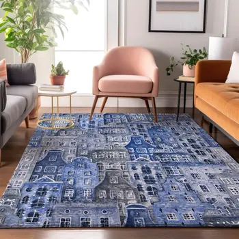 3' X 5' Blue Gray And Ivory Abstract Geometric Washable Area Rug With UV Protection