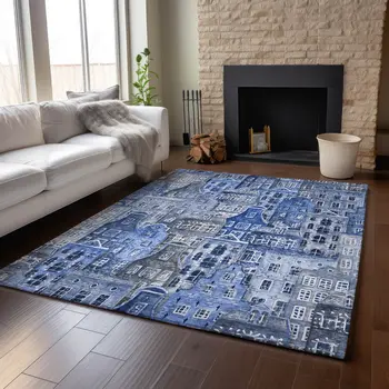 3' X 5' Blue Gray And Ivory Abstract Geometric Washable Area Rug With UV Protection