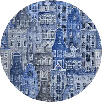 8' Blue Gray And Ivory Abstract Geometric Washable Round Rug With UV Protection