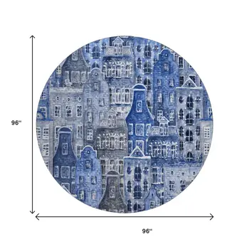 8' Blue Gray And Ivory Abstract Geometric Washable Round Rug With UV Protection