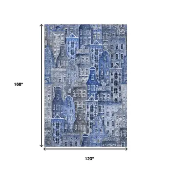 10' X 14' Blue Gray And Ivory Abstract Geometric Washable Area Rug With UV Protection