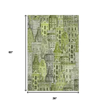 3' X 5' Green Gray And Ivory Abstract Geometric Washable Area Rug With UV Protection