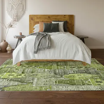 5' X 8' Green Gray And Ivory Abstract Geometric Washable Area Rug With UV Protection