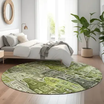 8' Green Gray And Ivory Abstract Geometric Washable Round Rug With UV Protection