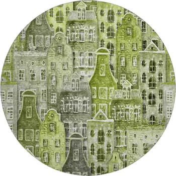 8' Green Gray And Ivory Abstract Geometric Washable Round Rug With UV Protection