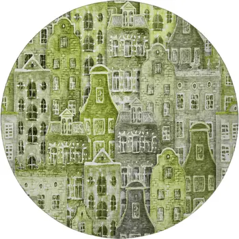 8' Green Gray And Ivory Abstract Geometric Washable Round Rug With UV Protection