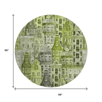 8' Green Gray And Ivory Abstract Geometric Washable Round Rug With UV Protection