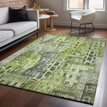 8' X 10' Green Gray And Ivory Abstract Geometric Washable Area Rug With UV Protection
