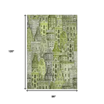 8' X 10' Green Gray And Ivory Abstract Geometric Washable Area Rug With UV Protection