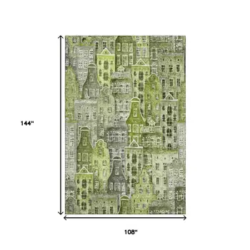 9' X 12' Green Gray And Ivory Abstract Geometric Washable Area Rug With UV Protection