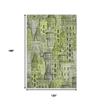 10' X 14' Green Gray And Ivory Abstract Geometric Washable Area Rug With UV Protection
