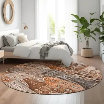 8' Chili Red Gray And Ivory Abstract Geometric Washable Round Rug With UV Protection