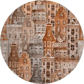 8' Chili Red Gray And Ivory Abstract Geometric Washable Round Rug With UV Protection