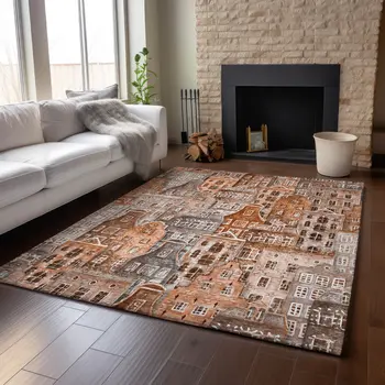 10' X 14' Chili Red Gray And Ivory Abstract Geometric Washable Area Rug With UV Protection