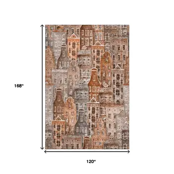10' X 14' Chili Red Gray And Ivory Abstract Geometric Washable Area Rug With UV Protection
