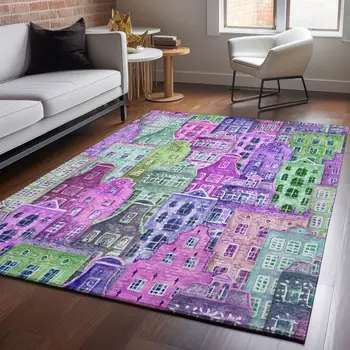 3' X 5' Purple Green And Pink Abstract Geometric Washable Area Rug With UV Protection