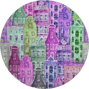 8' Purple Green And Pink Abstract Geometric Washable Round Rug With UV Protection