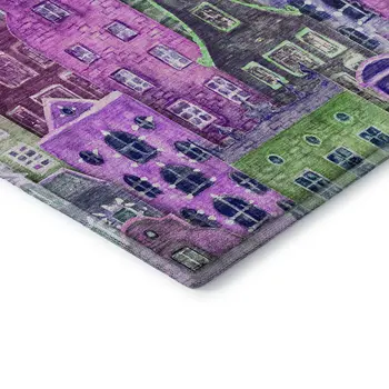 8' Purple Green And Pink Abstract Geometric Washable Round Rug With UV Protection