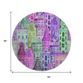 8' Purple Green And Pink Abstract Geometric Washable Round Rug With UV Protection
