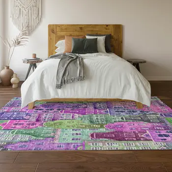 8' X 10' Purple Green And Pink Abstract Geometric Washable Area Rug With UV Protection
