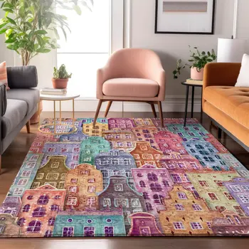 3' X 5' Red Blue And Lavender Abstract Geometric Washable Area Rug With UV Protection