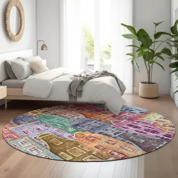 8' Red Blue And Lavender Abstract Geometric Washable Round Rug With UV Protection