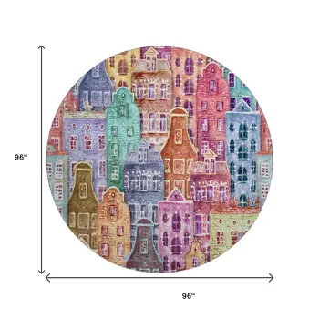 8' Red Blue And Lavender Abstract Geometric Washable Round Rug With UV Protection