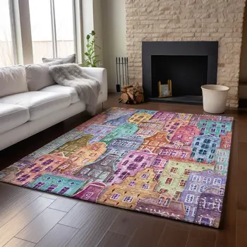 8' X 10' Red Blue And Lavender Abstract Geometric Washable Area Rug With UV Protection