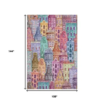 9' X 12' Red Blue And Lavender Abstract Geometric Washable Area Rug With UV Protection