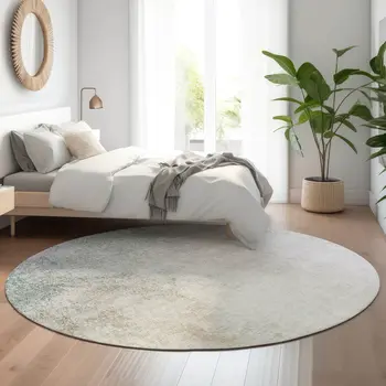 8' Beige And Ivory Abstract Washable Round Rug With UV Protection