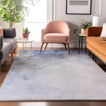 3' X 5' Blue And Ivory Abstract Washable Area Rug With UV Protection