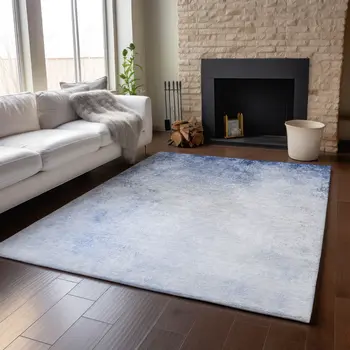 3' X 5' Blue And Ivory Abstract Washable Area Rug With UV Protection