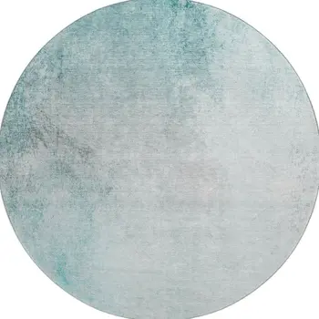 8' Teal And Ivory Abstract Washable Round Rug With UV Protection