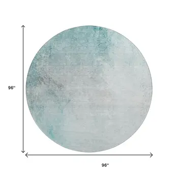 8' Teal And Ivory Abstract Washable Round Rug With UV Protection