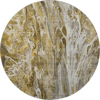8' Brown Gray And Ivory Abstract Washable Round Rug With UV Protection