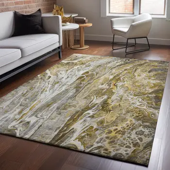 10' X 14' Brown Gray And Ivory Abstract Washable Area Rug With UV Protection