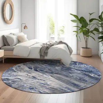 8' Blue Gray And Ivory Abstract Washable Round Rug With UV Protection
